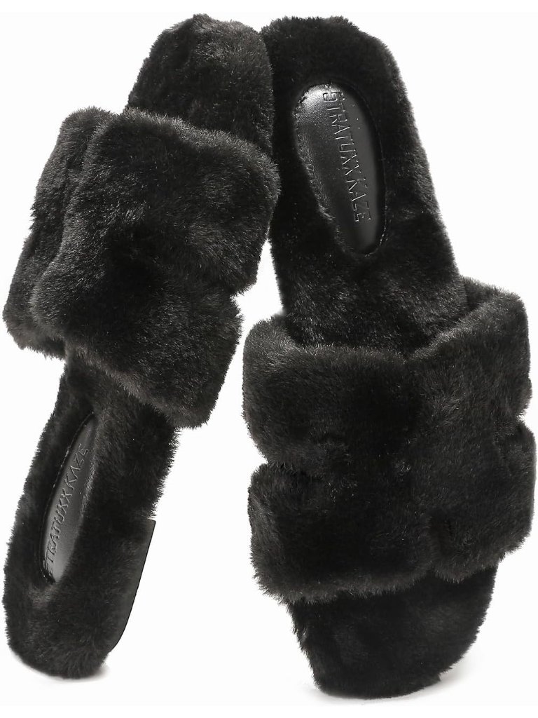 Women's Black Cute Comfy Slides Faux Fur Open Toe Slip On Fuzzy Indoor Slippers